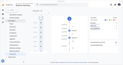Vérification de la réception de l'événement link_click dans la DebugView GA4