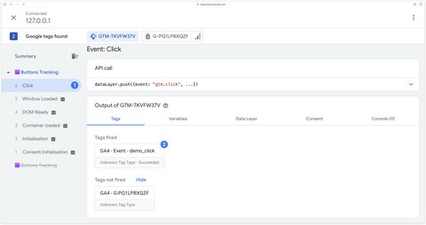 Déclenchement du tag de l'événement demo_click dans le preview mode de GTM