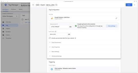 Événement demo_click envoyé à GA4