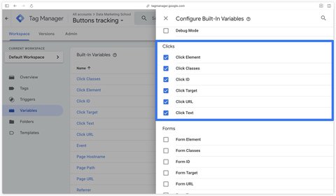 Activation de toutes les variables intégrées de la catégorie Clicks dans GTM