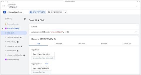 Déclenchement du tag de l'événement link_click dans le preview mode de GTM