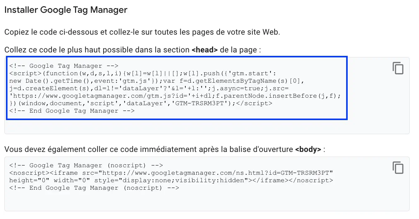 Code du conteneur Google Tag Manager à installer sur votre site