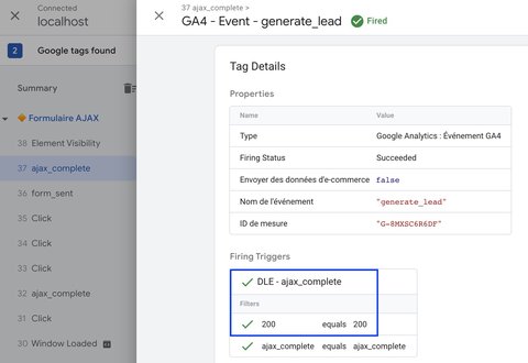 GA4 event trigger debugging on a valid AJAX form submission