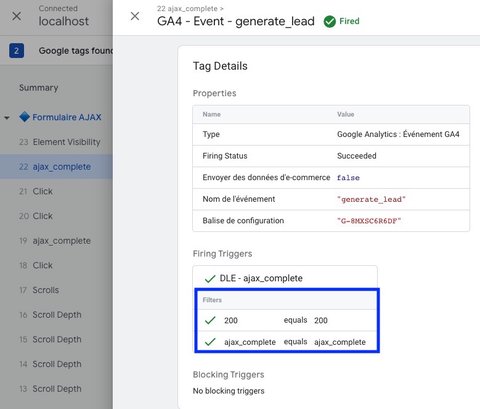 Debug du délenchement de la balise GA4 dans GTM lors d'un envoi valide