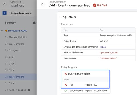 GA4 event trigger debugging on an invalid AJAX form submission