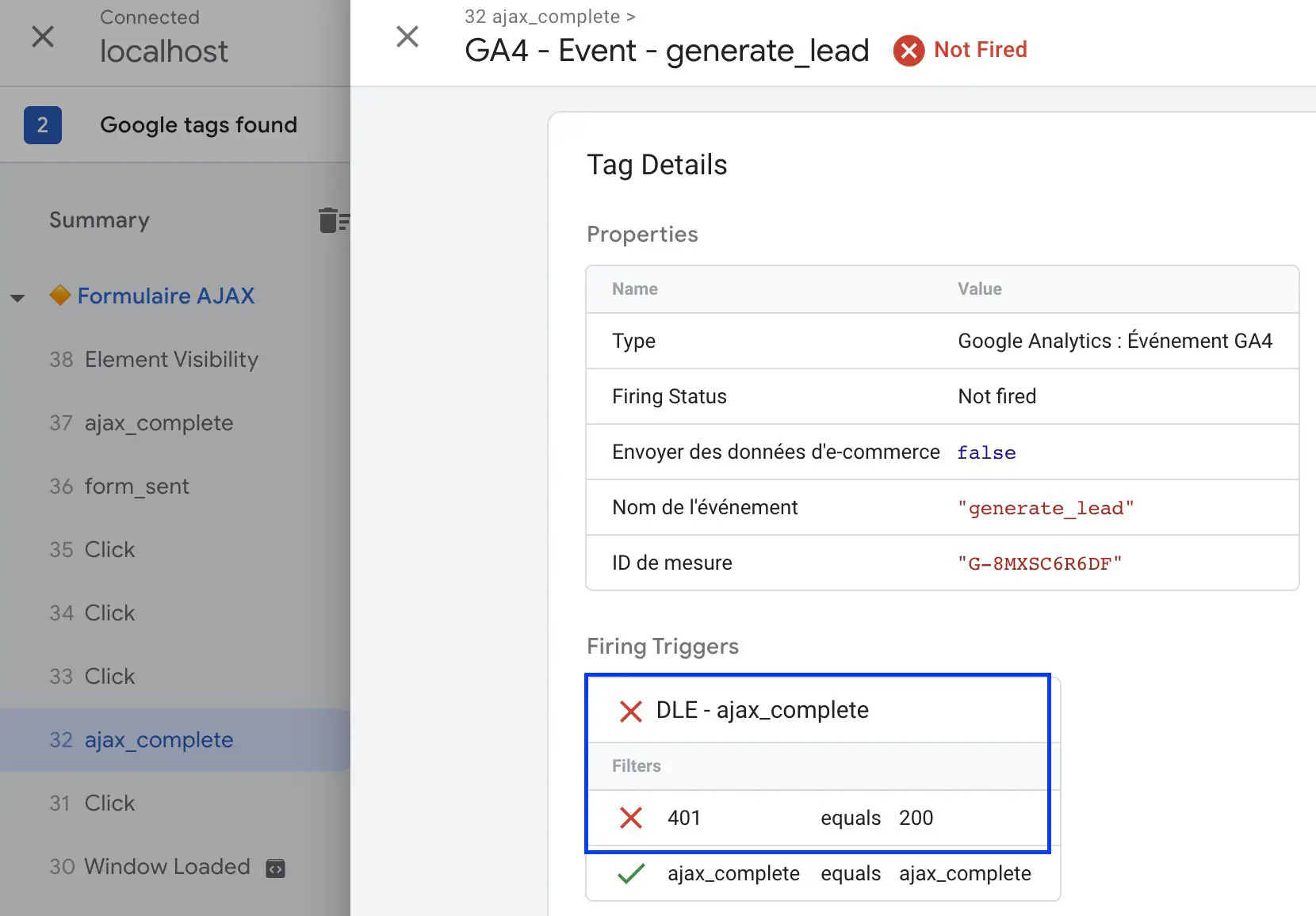GA4 event trigger debugging on an invalid AJAX form submission