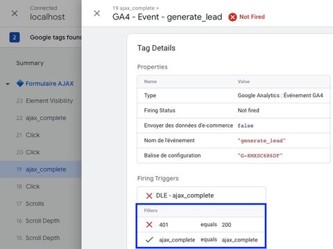 Debug du non délenchement de la balise GA4 dans GTM lors d'un envoi invalide