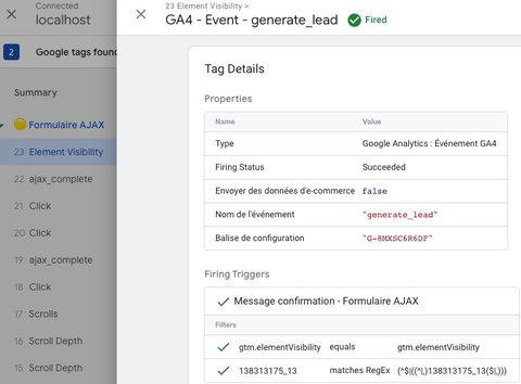 Debug du délenchement de la balise GA4 dans GTM lors de l'affichage du message de confirmation