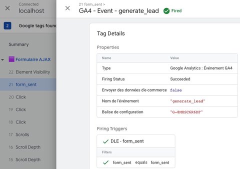 Debug of GA4 event tag on form_sent event