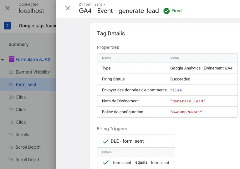 Debug of GA4 event tag on form_sent event