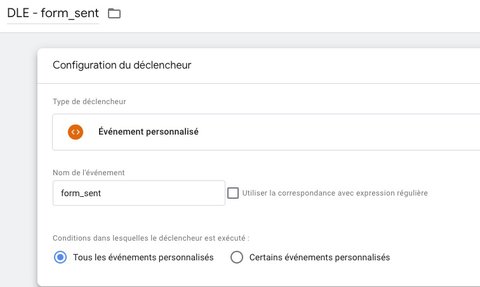 Configuration du déclencheur événement personnalisé sur form_sent