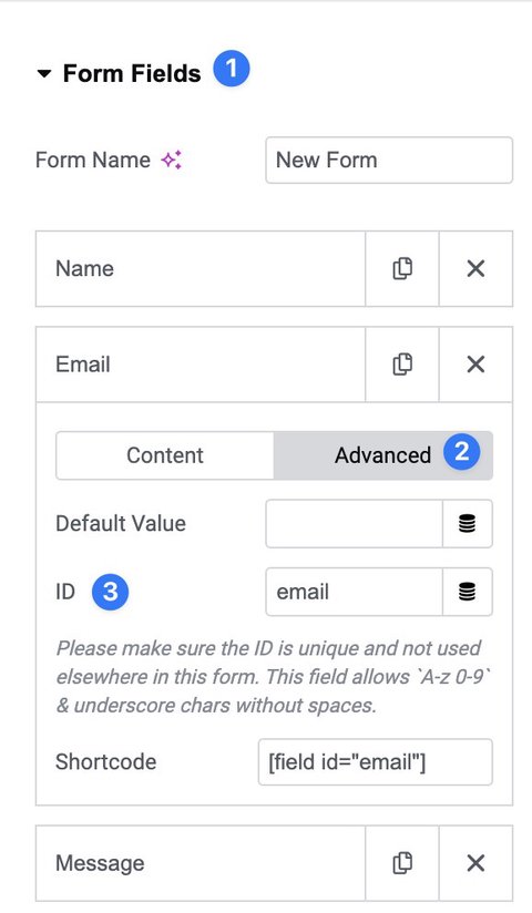 Change form field identifiers in Elementor
