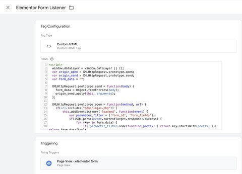 Custom HTML tag to add Elementor form listener