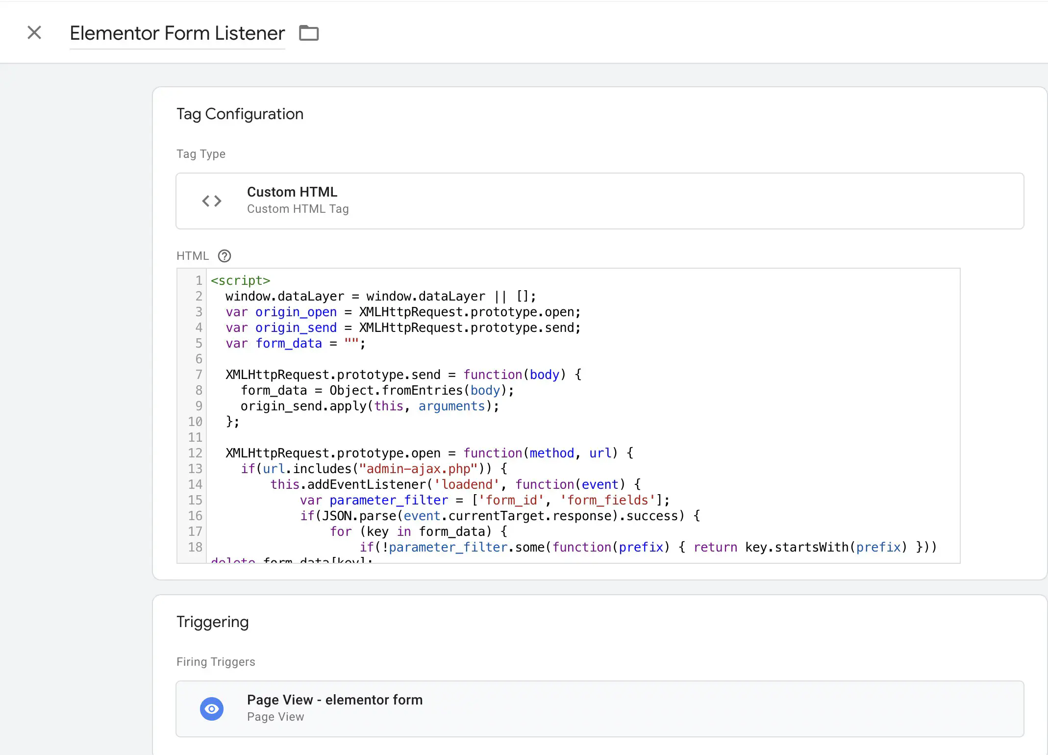 Balise HTML personnalisé pour ajouter l'Elementor form listener