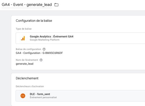 Balise GA4 associée au déclencheur sur l'événement form_sent