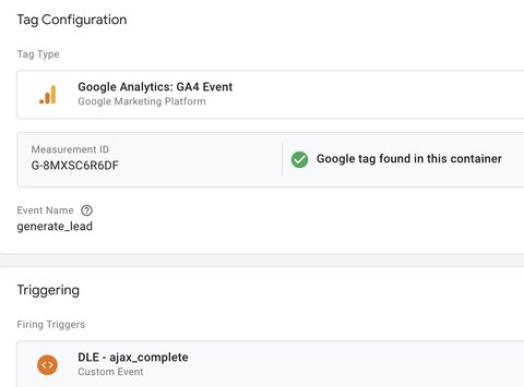 GA4 event tag linked to the ajax_complete trigger