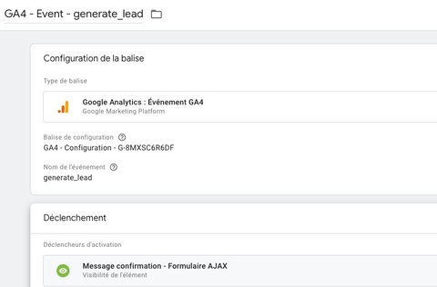 Balise GA4 associée au déclencheur sur la visibilité du message de confirmation