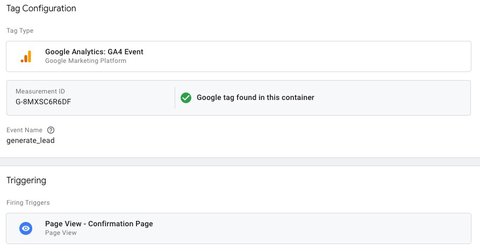 GA4 event tag linked to the confirmation page trigger