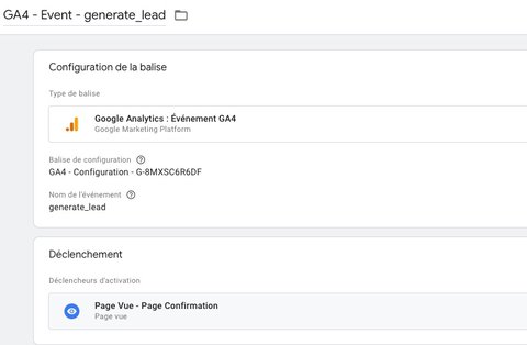 Balise GA4 associée au déclencheur sur la page de confirmation