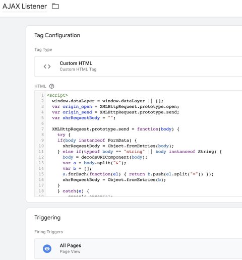 Create an AJAX Listener in a custom HTML tag within GTM
