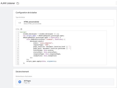 Création du listener AJAX sur la page du formulaire dans GTM