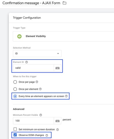 Configuration of Element Visibility trigger