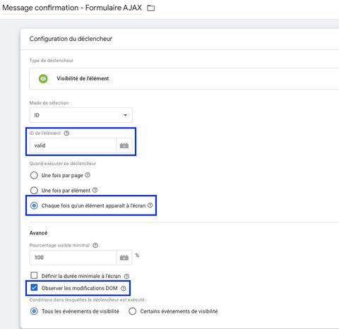 Configuration du déclencheur de visibilité de l'élément
