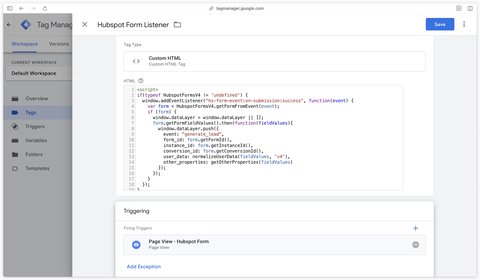 Custom HTML tag to add the Hubspot form listener