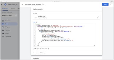Custom HTML tag to add the Hubspot form listener