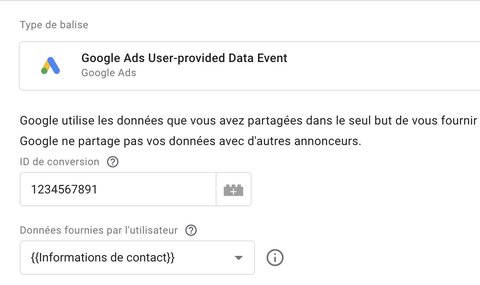 Configuration de la balise User-Provided Data Event