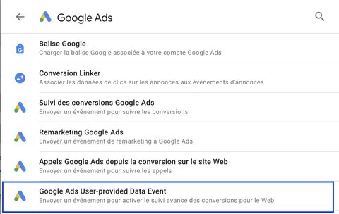 Modèle de balise Google Ads: User-Provided Data Event