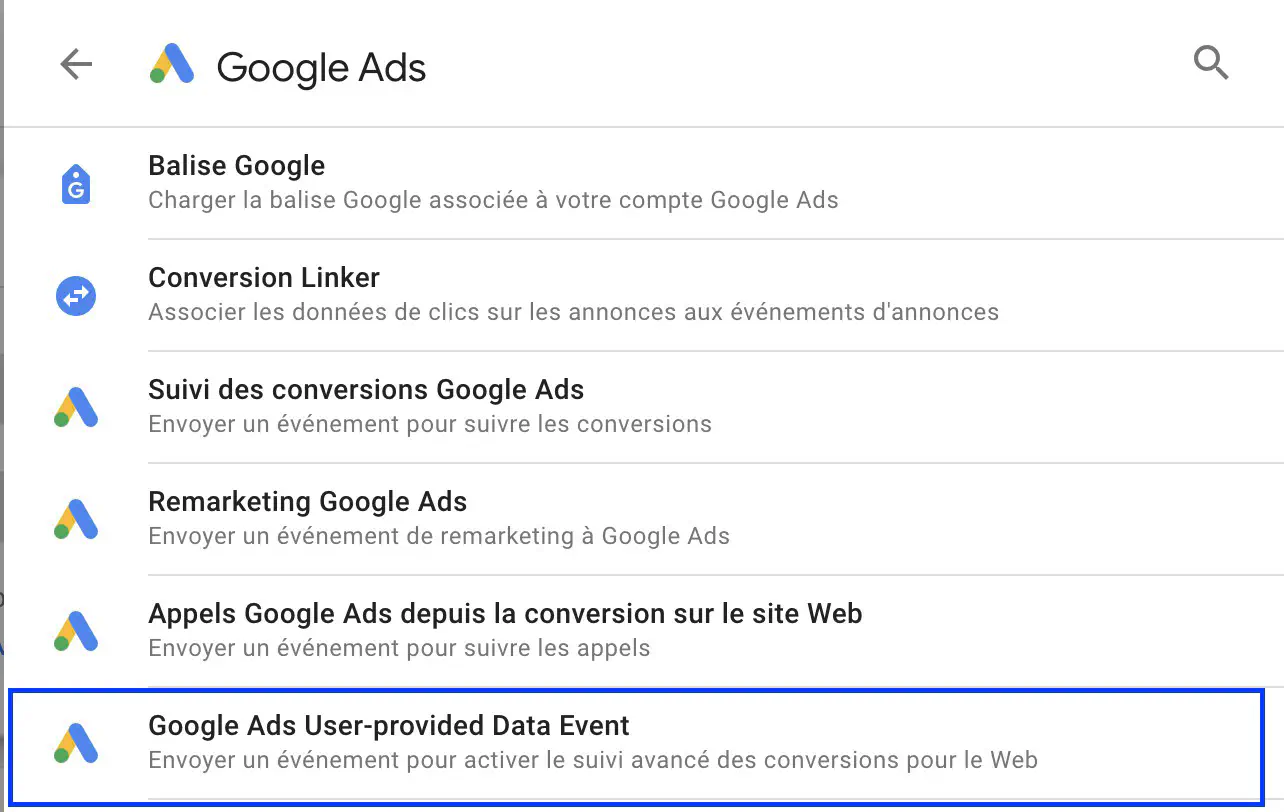 Modèle de balise Google Ads: User-Provided Data Event