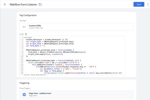 Custom HTML tag to add the Webflow form listener
