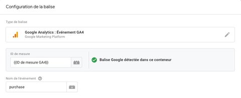 Interface de la balise d'événement de Google Analytics 4 avec l'ID de mesure