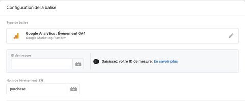 Interface de la balise d'événement de Google Analytics 4