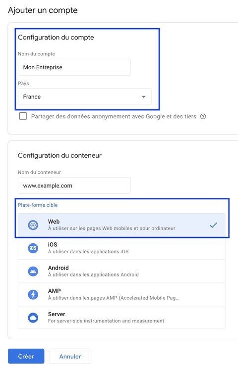 Renseignez les informations sur votre entreprise et votre premier conteneur