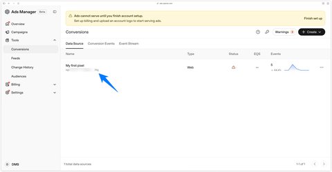 Pixel ID de la source de données web dans la section Conversions de OpenAI Ads Manager