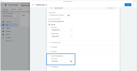 Section Event ID Deduplication de la balise avec la variable Event Id renseignée