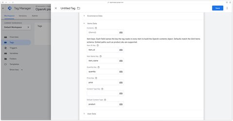 Section Items Data de la balise avec les clés d'items par défaut du schéma GA4