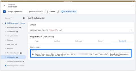 Message de la balise OpenAI dans l'onglet Console de la preview GTM avec le nom de l'événement, le Pixel ID et l'Event ID