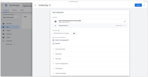 Vue d'ensemble de la balise OpenAI Ads Measurement Pixel by DMS dans Google Tag Manager Web