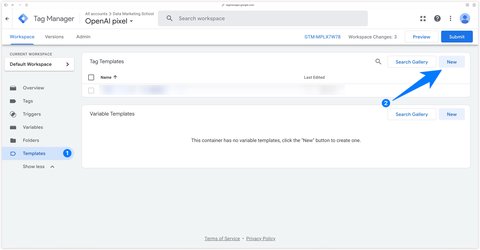 Section Templates de Google Tag Manager Web et bouton New pour créer un modèle de balise