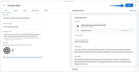 Enregistrement du modèle OpenAI Ads Measurement Pixel by DMS dans l'éditeur de modèle de Google Tag Manager