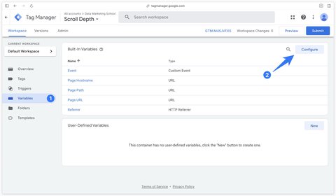 Bouton pour configurer les variables intégrées dans GTM