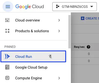 Select Cloud Run in Google Cloud Platform menu
