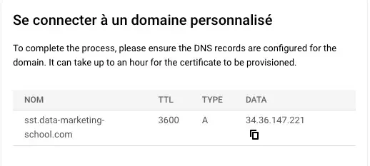 Enregistrement DNS à configurer