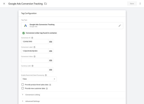 Google Ads conversion tracking tag configuration