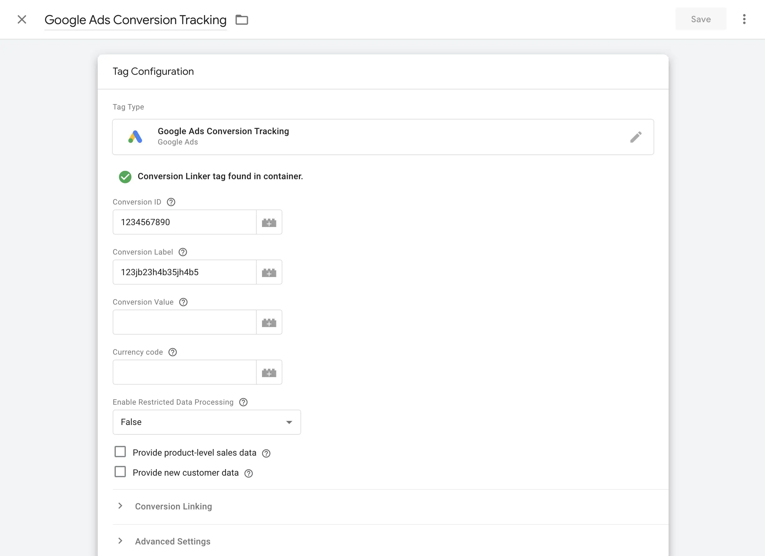 Google Ads conversion tracking tag configuration