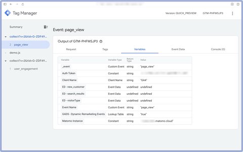 Variables tab in GTM Server-Side preview