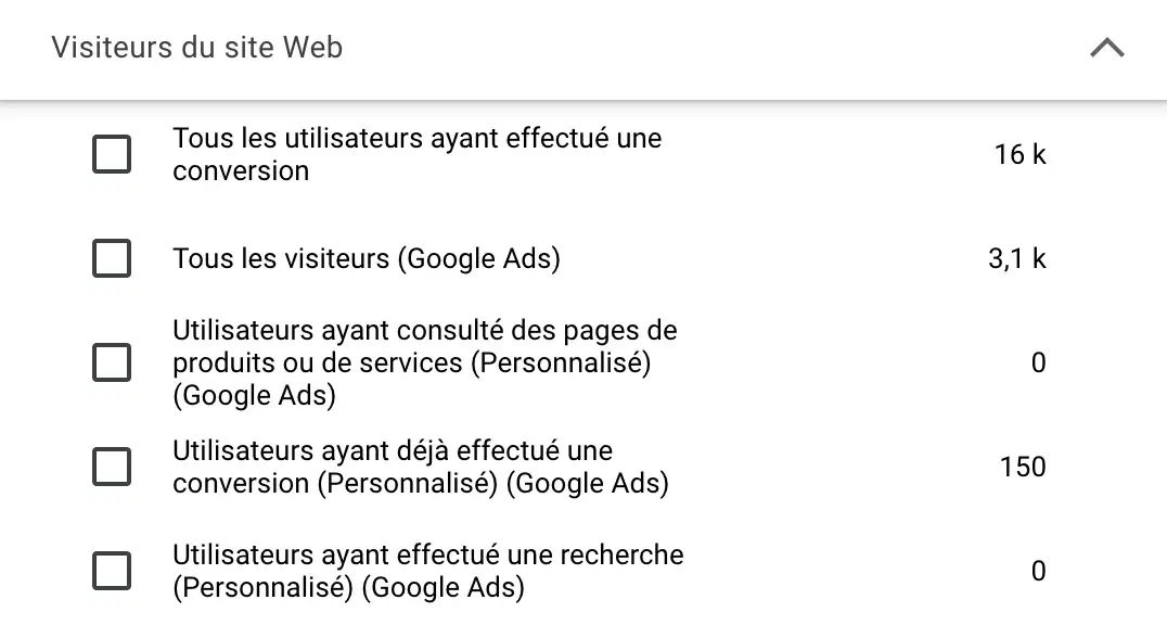 Exemples d'audiences de remarketing disponibles dans Google Ads